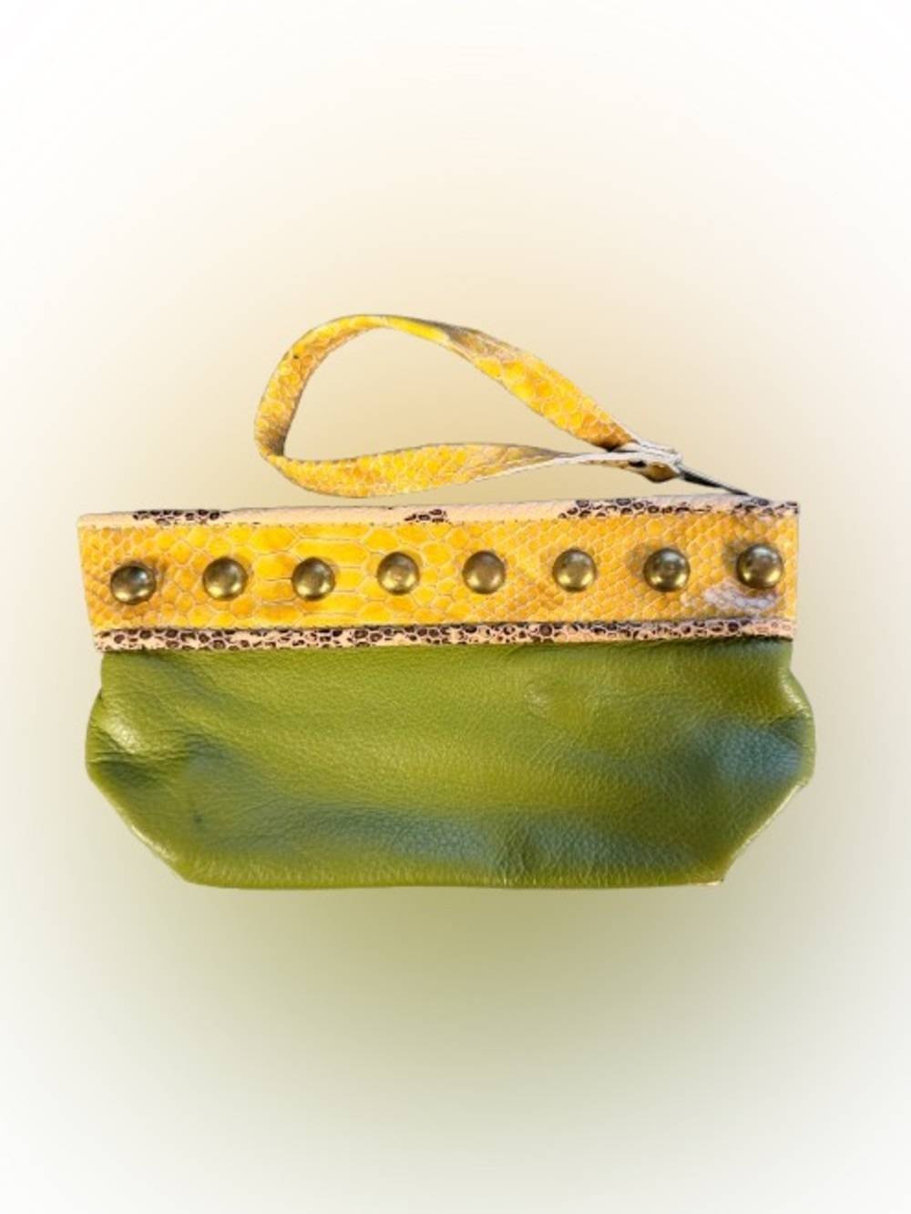 Olive Green Mustard Snakeskin Studded Wristlet Clutch Boho
